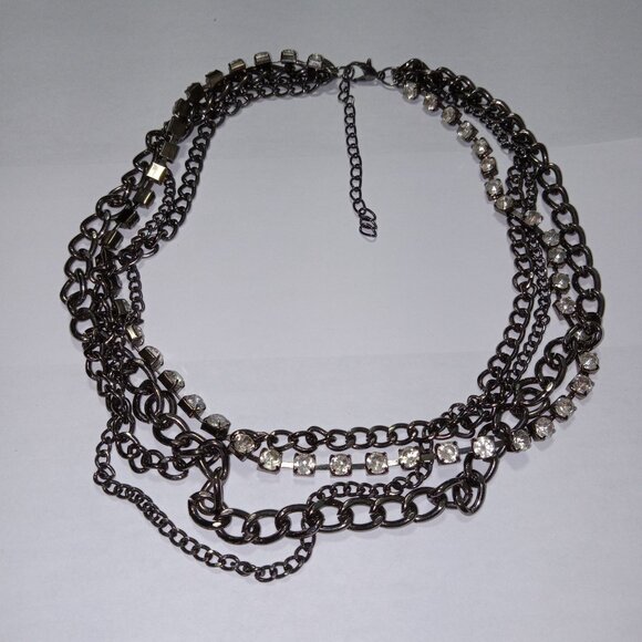 Vintage Victorian Layered Gunmetal Chain Necklace Clear Rhinestones Multi-strand - Picture 2 of 7